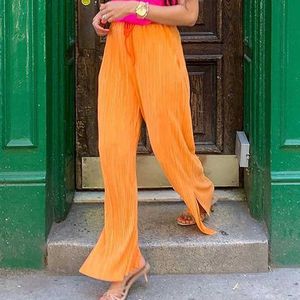 Streetwear laranja Dobras Split Calças Mulheres Casual Elástica Cintura Alta Calças Reta Senhoras Outono Mujer Pantalones Q0801
