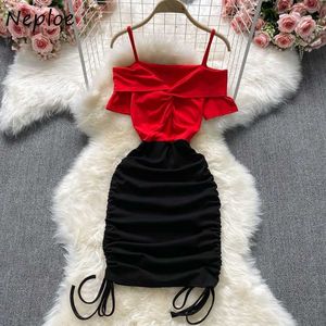 Neploe Sexy Spaghetti Strap Backout Female Mini Dress Club Fashion Drawstring Slim Bodycon Vestidos Sleeveless Pleated Dresses C0607