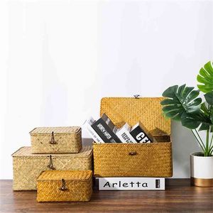 Handgemachte Rattan-Aufbewahrungsbox mit Deckel, handgewebter Schmuck, Weiden-Make-up-Organizer, Lebensmittelbehälter und Behälter 210922