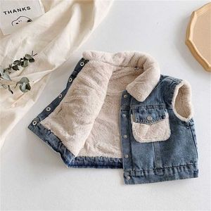 Mode Denim Barn Waistcoat Vinterrockar Varm Fleece Baby Girls Boys Vest Kids Outfits Barn Ytterkläder för 70-140cm 211203