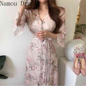 Chic Summer Women Print Midi Chiffon Dress Slim Elegant Bandage Runway es Vestido party dress 210623