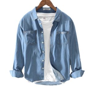 Homens Casual Denim Camisa 100% Puro Algodão Sólido Manga Longa Cowboy Tops Masculino Alta Qualidade Surgindo Collar Blue Vintage Roupas 210601