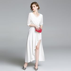 到着のファッションエレガントなVネックレディパーティードレス女性ハーフスリーブフリルホワイトマーメイドドレスvestidos 210520