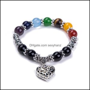 Strands Bracelets Healing 7 Chakra Lava Stone 1Pc Natural Charm Bracelet Reiki Blessing Beaded Yoga Heart Jewelry Women Men Diffuser Gift Be