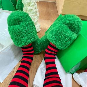 Green Flat Thick Sole Furry Slippers Women Open Toe Towel Sandals Spring Comfort Outside Wear Vacation Shoes Lazy Mules Female