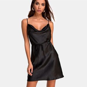 Yaz Saten Seksi Spagetti Siyah Elbise Kadınlar Kulübü Parti Yüksek Bel Vintage Mini Kısa Etek 210517