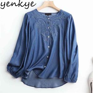 Vintage Blue Floral Embroidery Blouse Shirt Women O Neck Long Sleeve Casual Denim Shirts Plus Size Summer Tops 210514