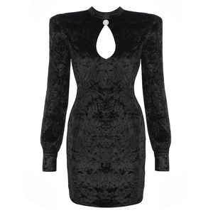ファッション女性のドレス黒ロングスリーブエレガントなボディコンベルベットミニES服パーティークラブセレブ210515