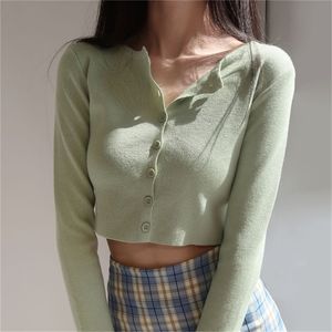 Koreański Styl O-Neck Krótkie Swetry Dzianiny Kobiety Cienki Cardigan Moda Rękaw Ochrona przeciwsłoneczna Crop Top Ropa Mujer 210914