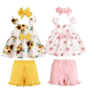 Yaz Kız Çocuk Giyim Setleri 2 Parça Ayçiçeği Üst + Şort Bebek Kız Moda Giyim 1-4 Yıl Q0716
