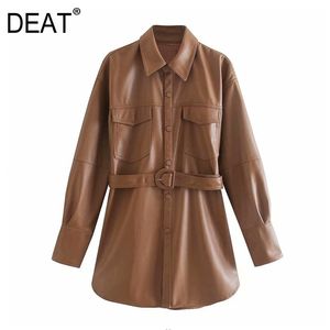 Notched Collar Full Sleeves PU Leather Single Breasted Waist Belt Female Fashion Spring Jacket WN90904L 210421