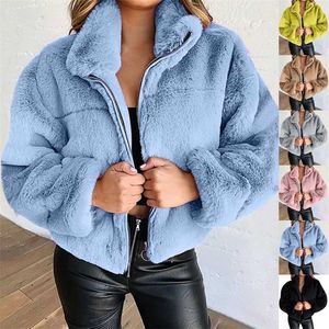 Autumn Winter Temperament Zipper Coats Women Vintage Fashionable Fur Outerwear for Ladies Casual Chic Women's Faux 211220