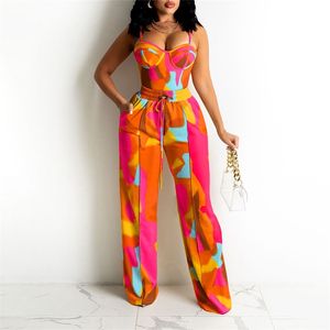 Summer Women Casaul Two Piece Suit Sets Sleeveless Colorblock Zipper Back Cami Top & Wide Legs Contrast Pipping Pants Set 211105