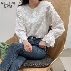 Nakış Çiçek Dantel Kadın Tops Bahar Kore Ruffles Kadınlar Bluz Pamuk Zarif Flare Uzun Kollu Yaka Gömlek 13896 210508