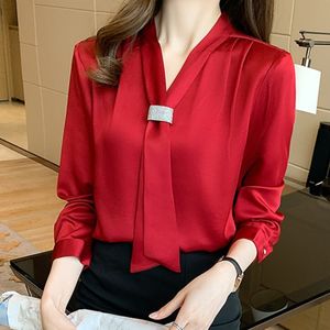 Kore Kadınlar Gömlek Şifon Bluzlar Uzun Kollu Tops Kadın Şerit Bluz Artı Boyutu Papyon Gömlek XXL 210427