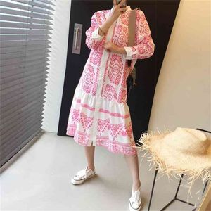 Superaen Sommar Korea Fashion All Match Loose Printed Shirt En linje Full Lång Klänning för Kvinnor 210806