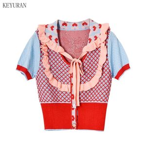 Women Short Thin Knit Sweater Summer Lace-up Peter pan Collar Ruffles Back Beauty Pattern Jacquard Female Knitted Cardigan Tops 210918