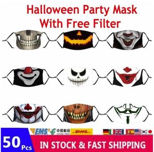 Zasoby Dorośli Dzieci Horror Ghost Anime Party Halloween Maski Twarzy D Drukowana Bawełna Zmywalna Usta wielokrotnego użytku Osłona z bezpłatnym filtrem FY9182