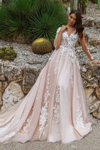 Wedding Dress Bridal Gowns Sheer Long Sleeves V Neck Embellished Lace Embroidered Romantic Princess Blush A Line Beach DWJ0215