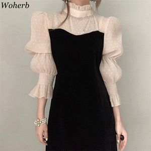 Korean Elegant See Through Mesh Patch Velvet Dress Women Puff Sleeve Vestidos Spring Chic Polka Dot Dresses 210519
