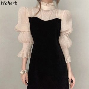 Koreanska Elegant See Through Mesh Patch Velvet Dress Women Puff Sleeve Vestidos Spring Chic Polka Dot Dresses 210519