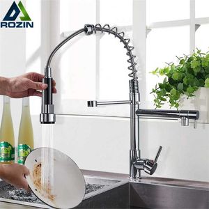 Rozin Chrome Spring Pull Down Kök Kran Dual Outlet Spouts 360 Swivel Handhållen Dusch Kök Mixer Crane Cold Kranar 211108