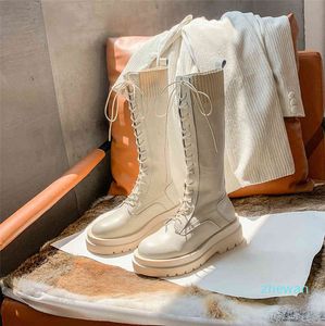 designer Bandage Boots Leather Women's Knitted Elastic Socks White Martin Thick Soled Knee High