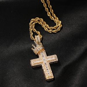 Hurtownia Cyrkonia Micro Pave Mosiądz Cross and Crown Naszyjnik Wisiorek Mężczyźni Hip Hop Cuban Link Łańcuch Naszyjniki