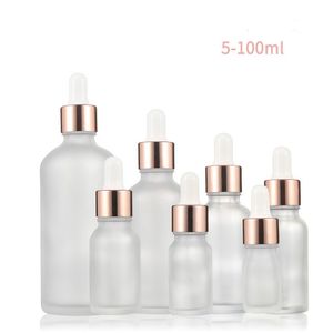 Rose-Golden Refillable Dropper Bottle Frosted Essential Olje Glass Aromaterapi Vätska 5-100 ml droppe