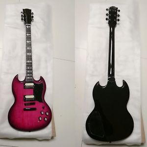 SG-E-Gitarre mit transparentem violettem Finish, Ebenholz-Griffbrett, Kreuzeinlagen, Angus Young-Modell, Custom-Gitarre, hochwertige Gitarre