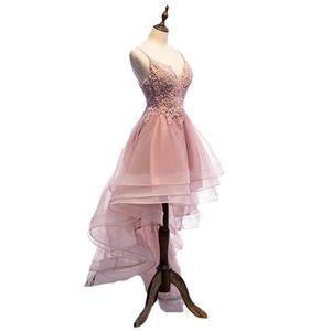 Blush High Low Lace Tulle Cocktail Party Dresses Applique Beaded Sequins Corset Back Draped Prom Dress Long Vestidos de Fiesta graduation