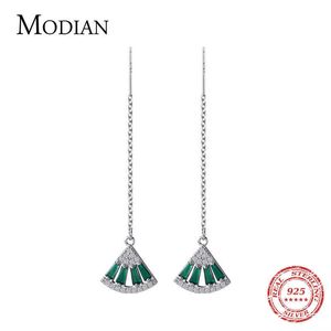 Green Cyrkon Sektor Długi Łańcuch Drop Kolczyki Oryginalne 925 Sterling Silver Moda Biżuteria Prezent Dla Kobiet Oświadczenie 210707
