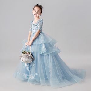 Lange Prinzessin Cinderella Blumenmädchen Kleider außerhalb der Schulter Bodenlangen Ballkleid Blue Kids Pageant Gowns Neuestes Design Custom Made 2021