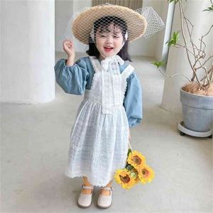 Spirng Arrival Girls Fashion Princess Puff Sleeve Dress+vest Lace Dress Kids Clothes 210528