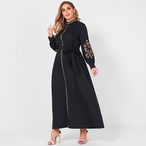 Ladies Fashion Resort Style Small Stand Collar Floral Embroidery Long Loose Belt Large Plus Size Sweet Woman Black Lady Dress
