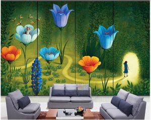 Papel de parede de fotos personalizado para paredes 3d mural papel de parede moderno bonito desenho animado fantasia flores quarto quarto pintado à mão papel de parede papel decoração