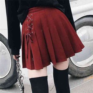 Frauen Lace Up Front Mode Preppy Stil Hohe Taille Faltenrock Wind Cosplay Kawaii Weibliche Mini S Kurz Darunter 210529