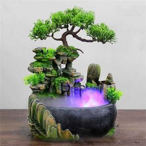 HoDe Creative Indoor Simulation Resin Rockery Waterfall Statue Feng Shui Water Fountain Home Garden Crafts 211108