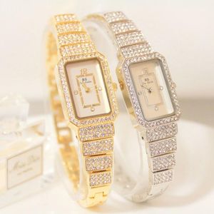 Armbandsur Rhinestone Luxury Lady Rectangle Minimalist Steel Enkel Genève Klockor Kvinnor Kvarts Analog Klocka Watch Waches