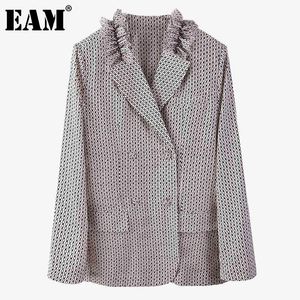 [EAM] Women Print Ruffles Double Breasted Big Size Blazer Notched Long SleeveJacket Fashion Spring Autumn 1DD6940 21512