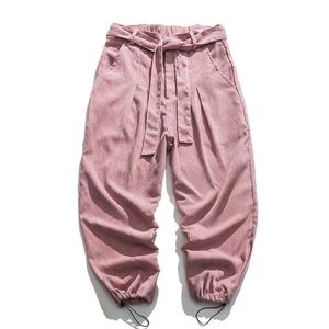 Corduroy Casual Pants Men's Loose Drawstring Trousers Solid Color Autumn Plus Size 4XL 5XL Straight Pants Japanese Fashion 210601
