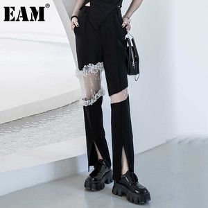 [EAM] High Waist Black Mesh Irregular Slit Long Wide Leg Trousers New Loose Fit Pants Women Fashion Spring Summer 2021 1DE1456 Q0801