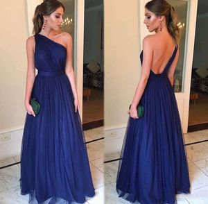2021 Royal Blue One Shoulder Prom Dresses Floor Length Custom Made Tulle Ruched Pleats Sexy Backless Evening Party Gown Vestidos 403 403