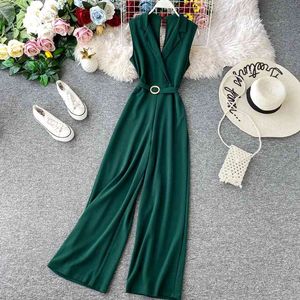 Beach Ruffles Jumpsuits V Pescoço Macacões Verão Jumpsuit Completo Completo Mulheres Elegante Slim Playsuit Tie Romper 210423