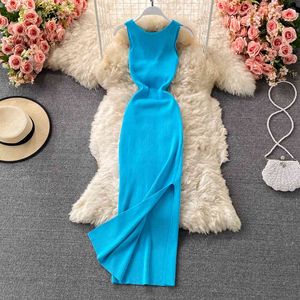 Summer Cotton Knitted Dress Elegant Women O Neck Sleeveless Stretch Slim Hip Dresses Sexy Party Split Mid-calf Dress Vestidos X0521