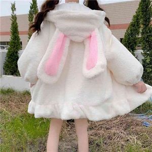 Höst vintermodeller hoodies coat japanska söta kanin öron lamm hår vild plus sammet tjocka plysch kvinnor kawaii kläder 210805