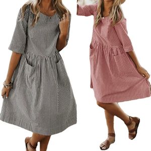 Summer party Abito a righe Donna Vintage Tasche a mezza manica Abiti 2019 Plus Size Casual Baggy Sundress Donna Vestido Robe