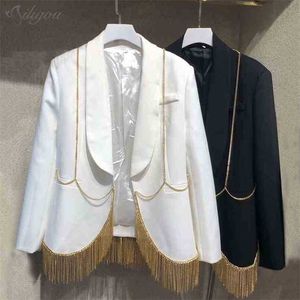 Fall Streetwear Coat Jacket Women's Tassel Chain Short Slim Cardigan Clip White Black V-neck Sexy Party 210525