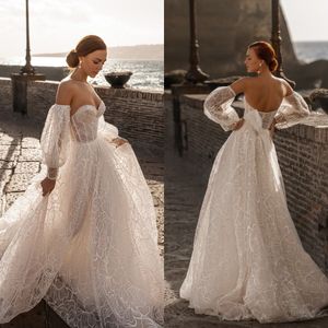 katherine Joyce 2021 Boho Wedding Dresses Detachable Long Sleeve Lace Appliqued Sweetheart Backless Bridal Gowns Robe De Mariée