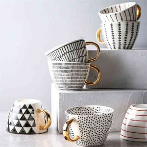 Kreativa geometriska keramiska muggar med guldhandtag handgjorda kaffekoppar oregelbundet formad te mjölk mugg kopp unika gåvor heminredning 210804